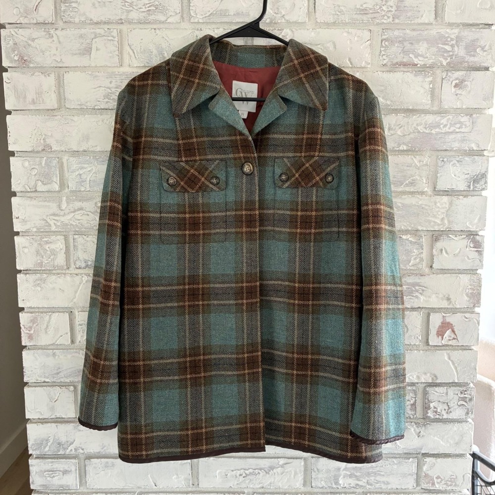 Vintage Clifford & Wills Plaid Wool Blend Coat Teal Brown Tartan 90s Size 14